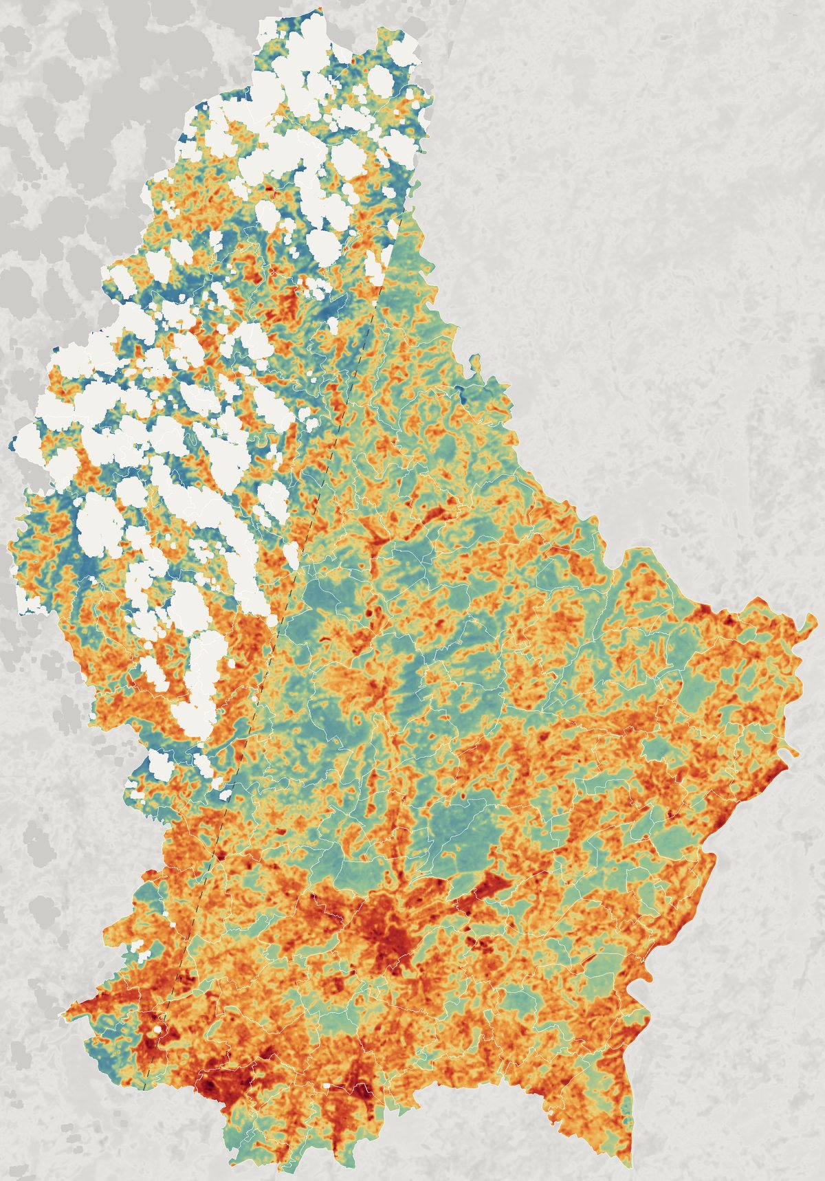 Carte de la température de surface du Luxembourg le 24 juin 2026, mesurée par Landsat 9