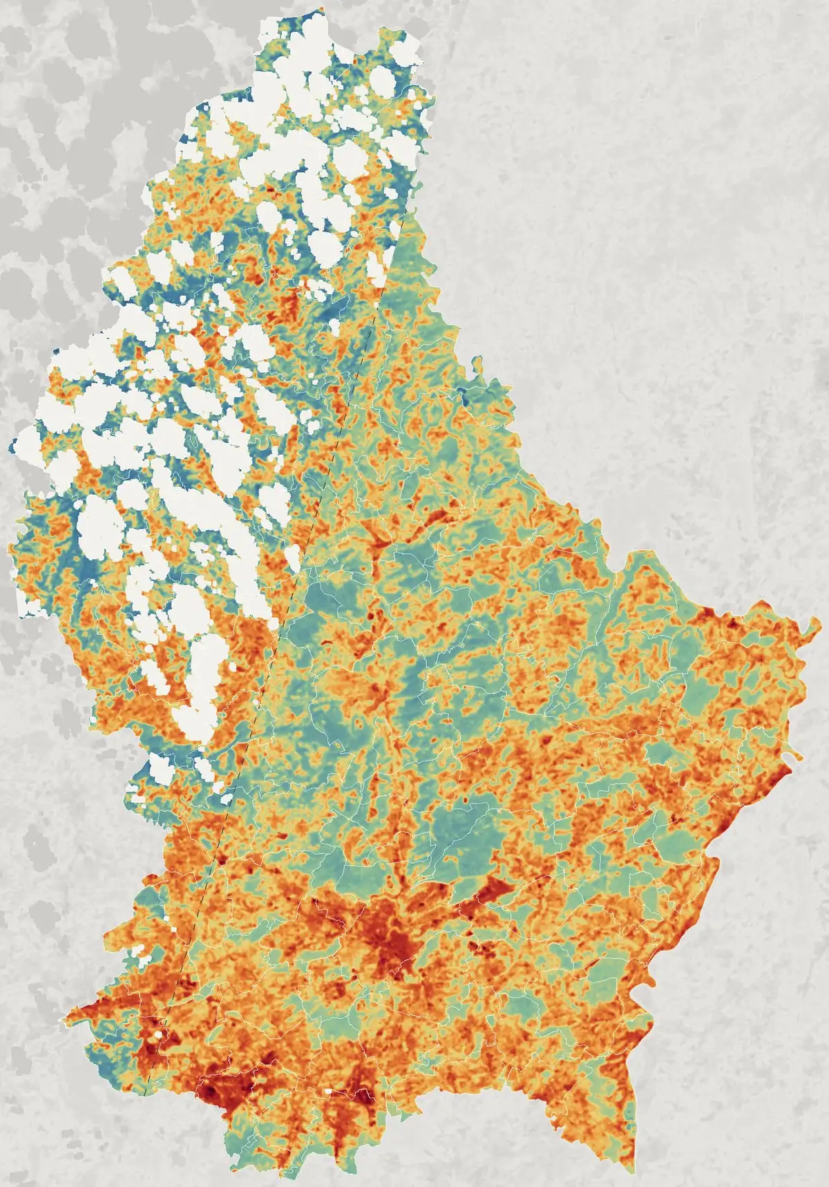 Carte de la température de surface du Luxembourg le 24 juin 2026, mesurée par Landsat 9